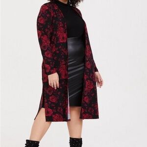 Torrid Cardigan Open Front Longline Sweater with Roses